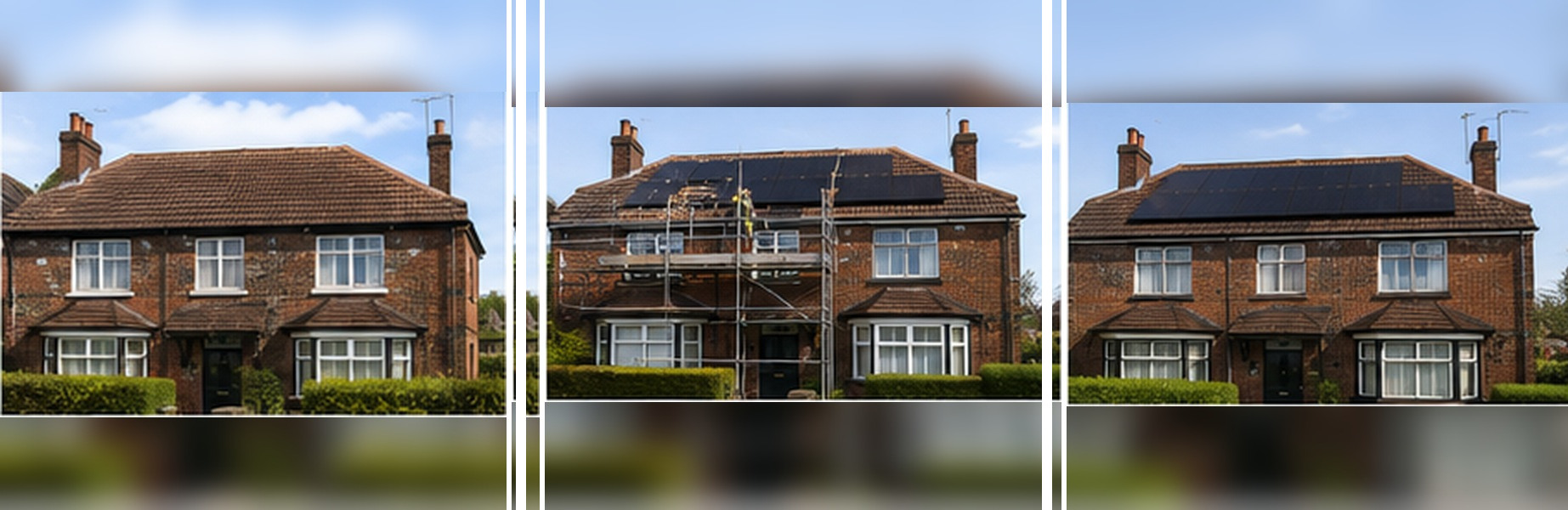 Illustrative example of a solar installation on a Birmingham home, before, during and after